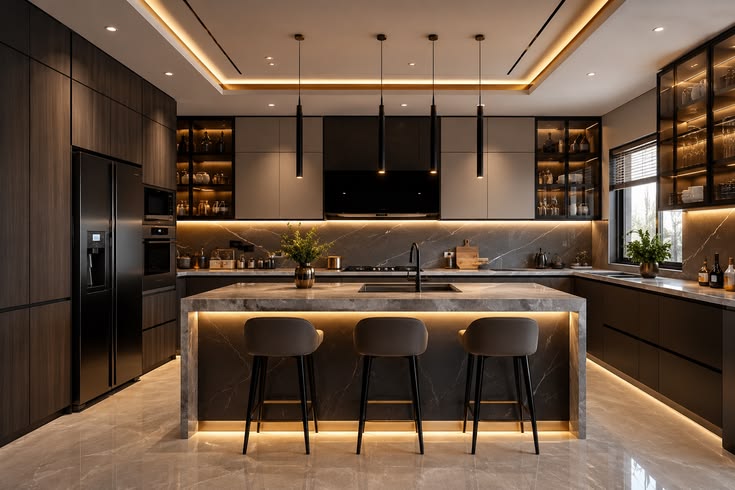 Contemporary kitchen with marble island
